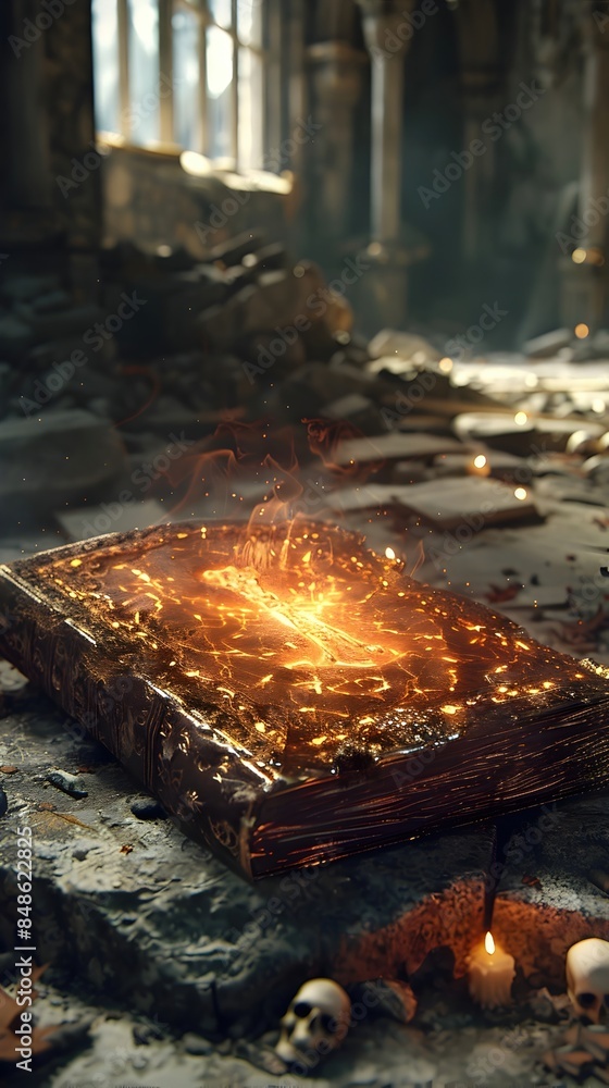Glowing Tome Amid Crumbling Castle Ruins and Scattered Bones in Flickering Candlelight Glowing Tome Amid Crumbling Castle Ruins and Scattered Bones in Flickering Candlelight