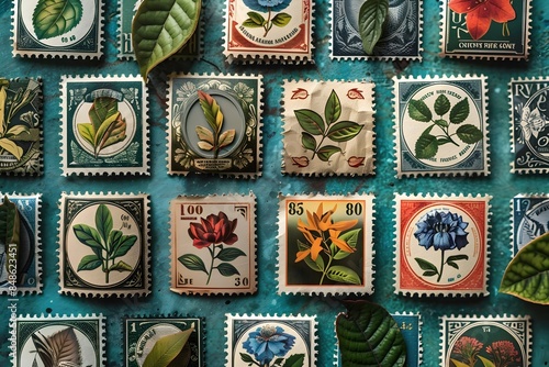 Ornate Botanical Postage Stamps with Richly Detailed Flora and Leaf in Vintage Letterpress Style