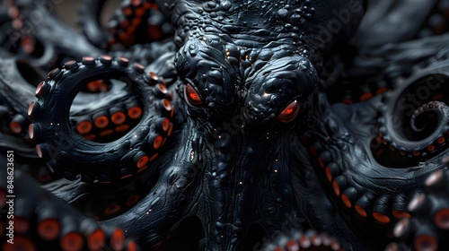 Sinister Vampire Octopus Lurking in the Abyssal Depths with Haunting Crimson Eyes photo