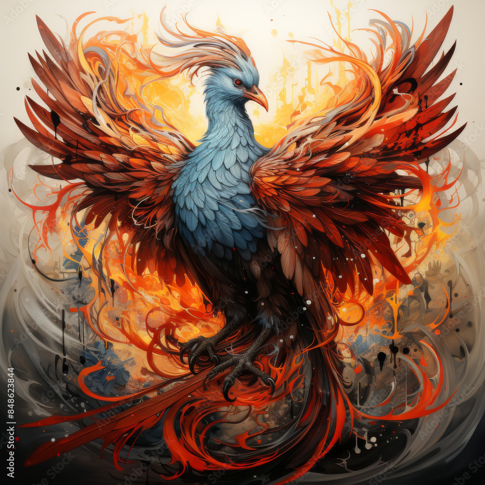 Obraz premium Phoenix rising from flame colored tattoo idea
