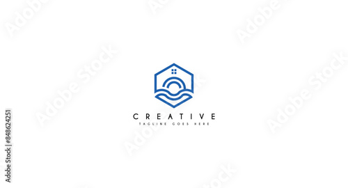 Wave house logo design for resort, villa, home stay near beach vector illustration.