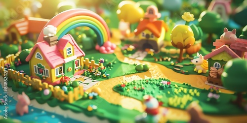  Tiny cute isometric A beautiful rainbow village morning scene. Sunlight shines on the golden wheat field and dozens of small animals are busy. Describe the rainbow village morning scene, 2:1 © rajagambar99