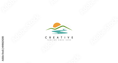 Panorama view landscape mountain with river logo design vector illustration.