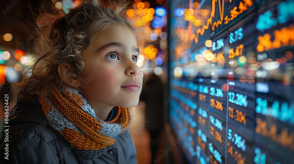 A young girl stares intently at a large digital display filled with numbers, reflecting on the possibilities of the future. A young girl stares intently at a large digital display filled with numbers, reflecting on the possibilities of the future.