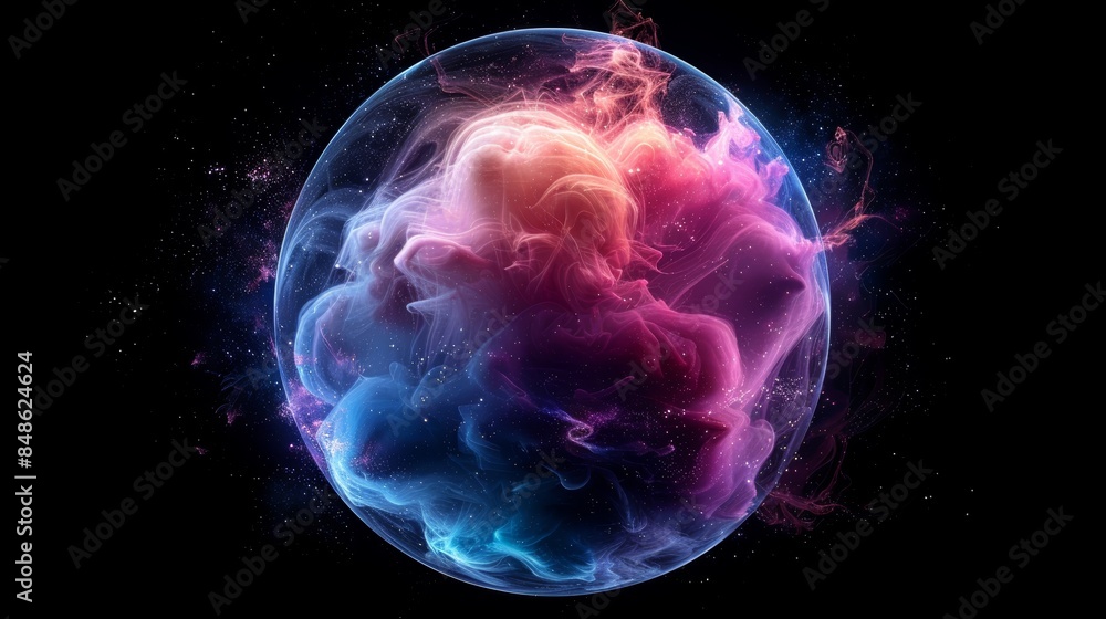 Abstract colorful smoke sphere glowing with light against a black background. Abstract colorful smoke sphere glowing with light against a black background.