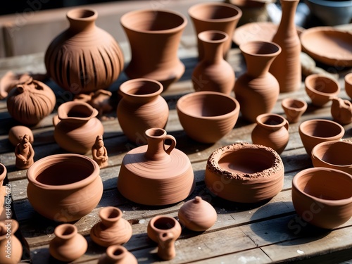 A collection of earthenware such as vases, bowls and pots hangs to dry on a rustic wooden table