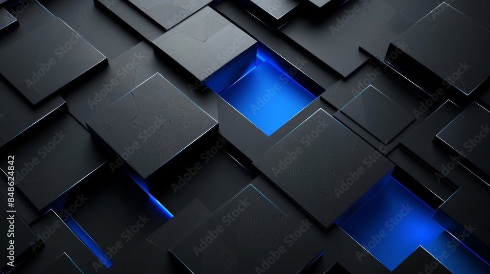 Abstract pattern of black squares with a blue glowing light emanating from the center. Abstract pattern of black squares with a blue glowing light emanating from the center.