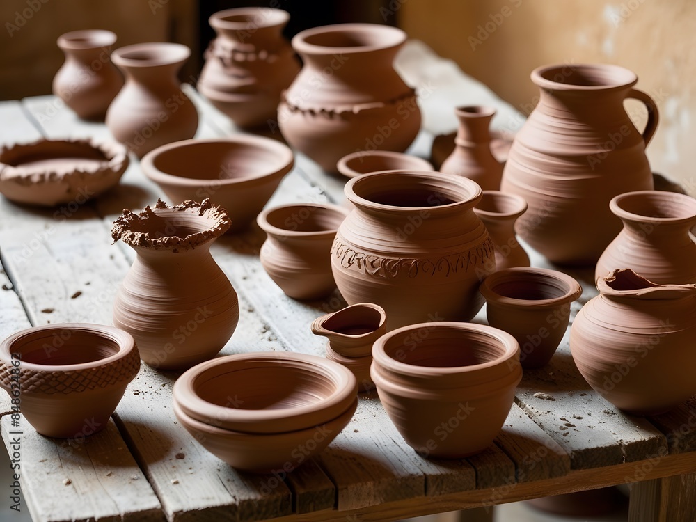 A collection of earthenware such as vases, bowls and pots hangs to dry on a rustic wooden table A collection of earthenware such as vases, bowls and pots hangs to dry on a rustic wooden table