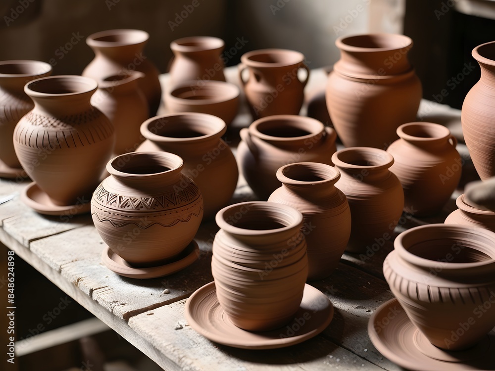 A collection of earthenware such as vases, bowls and pots hangs to dry on a rustic wooden table A collection of earthenware such as vases, bowls and pots hangs to dry on a rustic wooden table