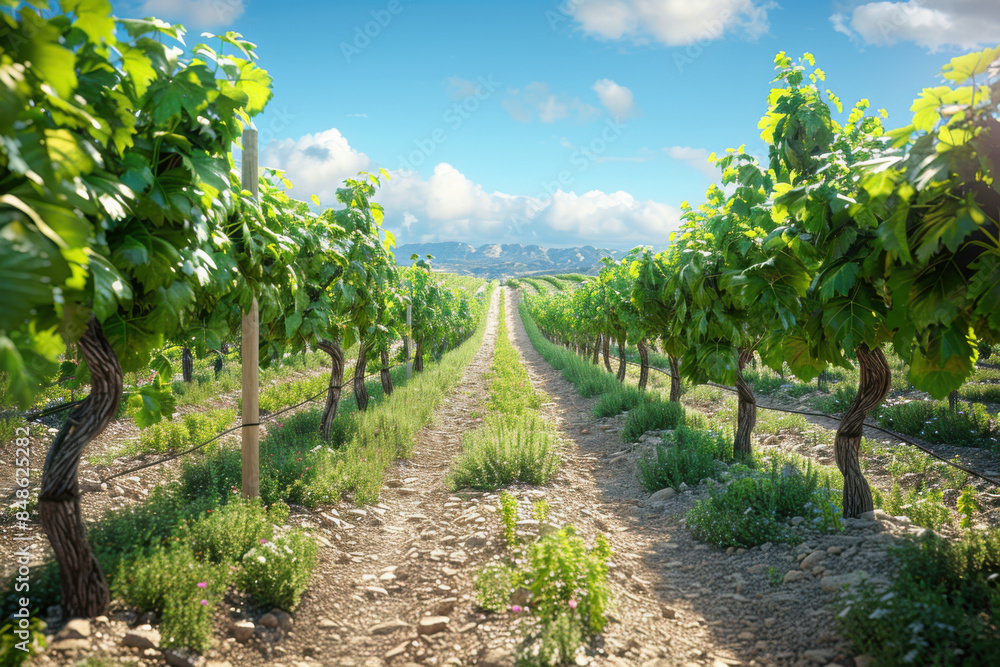 A vibrant vineyard with lush green grapevines under a bright blue sky, showcasing the beauty of agriculture and nature in harmony. A vibrant vineyard with lush green grapevines under a bright blue sky, showcasing the beauty of agriculture and nature in harmony.