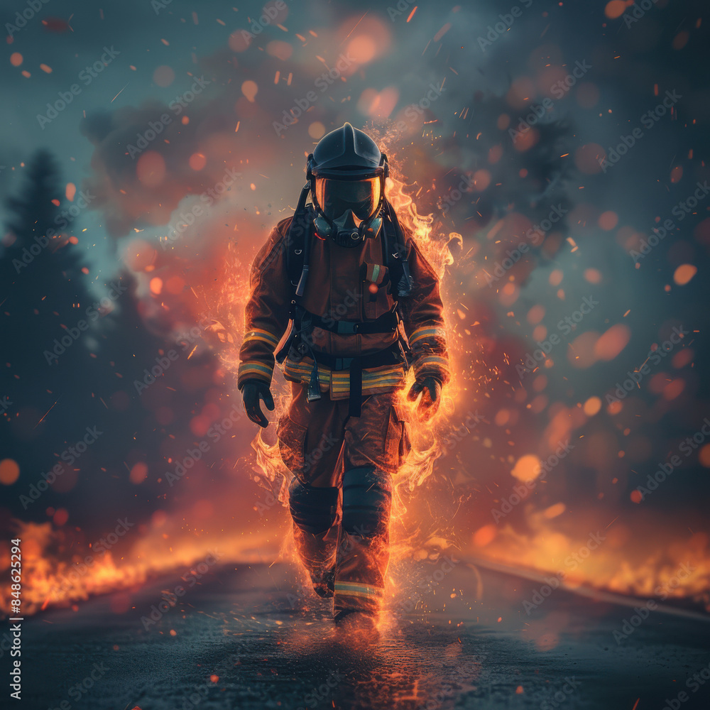 Brave firefighter in full gear walks through flames, showcasing courage and danger in a dramatic, intense scene set ablaze. Brave firefighter in full gear walks through flames, showcasing courage and danger in a dramatic, intense scene set ablaze.