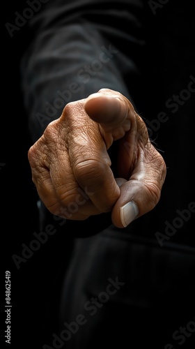 Close-up of a hand in a confident gesture, pointing forward Business attire, dark background Concept of leadership, direction, and making decisions