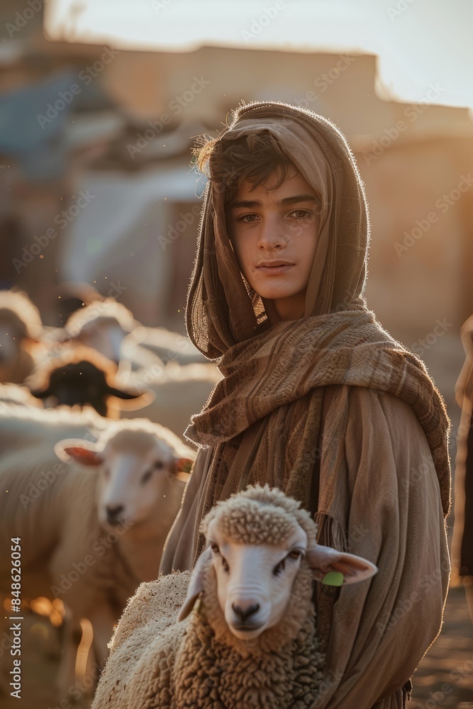 Full-length photograph of a young shepherd boy in the desert, surrounded by sheep and lambs at sunset. In front of him, a lamb was looking up at the camera. Full-length photograph of a young shepherd boy in the desert, surrounded by sheep and lambs at sunset. In front of him, a lamb was looking up at the camera.