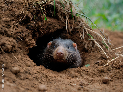 A mole peeked out from its burrow entrance, sniffing the air cautiously.