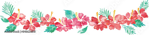 水彩画。水彩タッチのハイビスカスベクターフレーム。南国風ハイビスカスの背景。Watercolor painting. Hibiscus vector frame with watercolor touch. Tropical style hibiscus background.