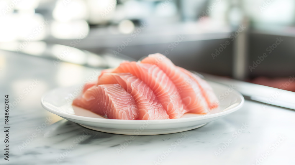A portrait of a white plate sitting on a beautiful marble counter containing delicious slices of salmon lit up by a bright sunny day A portrait of a white plate sitting on a beautiful marble counter containing delicious slices of salmon lit up by a bright sunny day