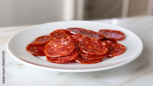 A portrait of a white plate sitting on a beautiful white table counter containing delicious slices of pepperoni lit up by a bright sunny day