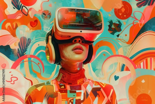 Woman in vibrant virtual reality headset surrounded by colorful abstract shapes and patterns, experiencing immersive digital art. photo