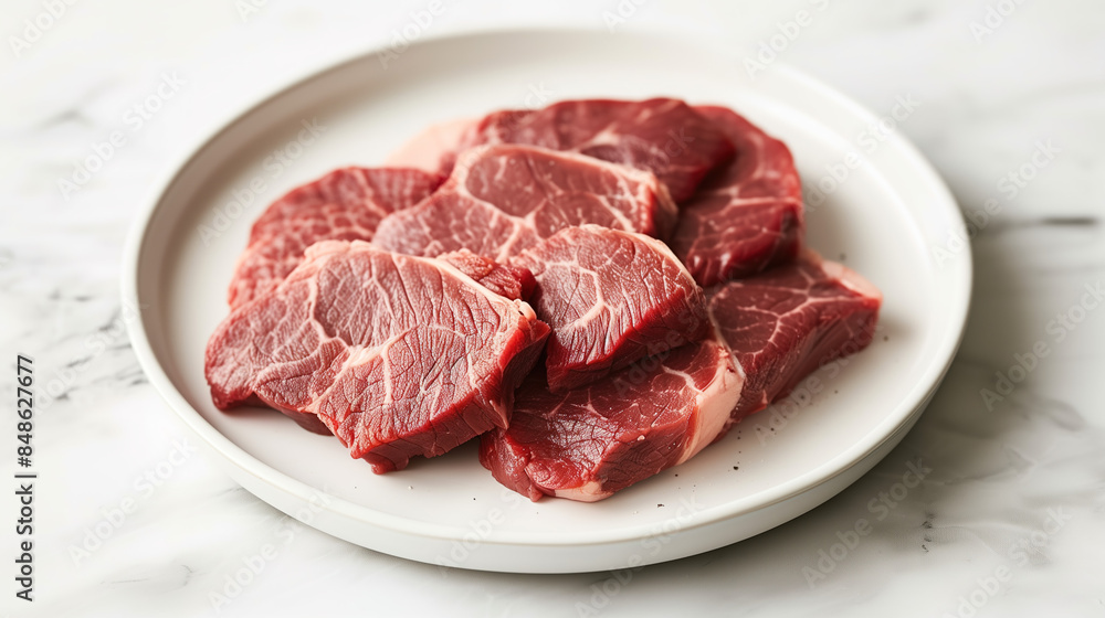 Portrait of a white plate sitting on a beautiful White marble table containing delicious slices of steak during a sunny day Portrait of a white plate sitting on a beautiful White marble table containing delicious slices of steak during a sunny day