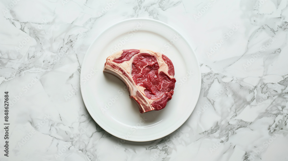 Portrait of a white plate sitting on a beautiful White marble table containing delicious slices of steak during a sunny day Portrait of a white plate sitting on a beautiful White marble table containing delicious slices of steak during a sunny day