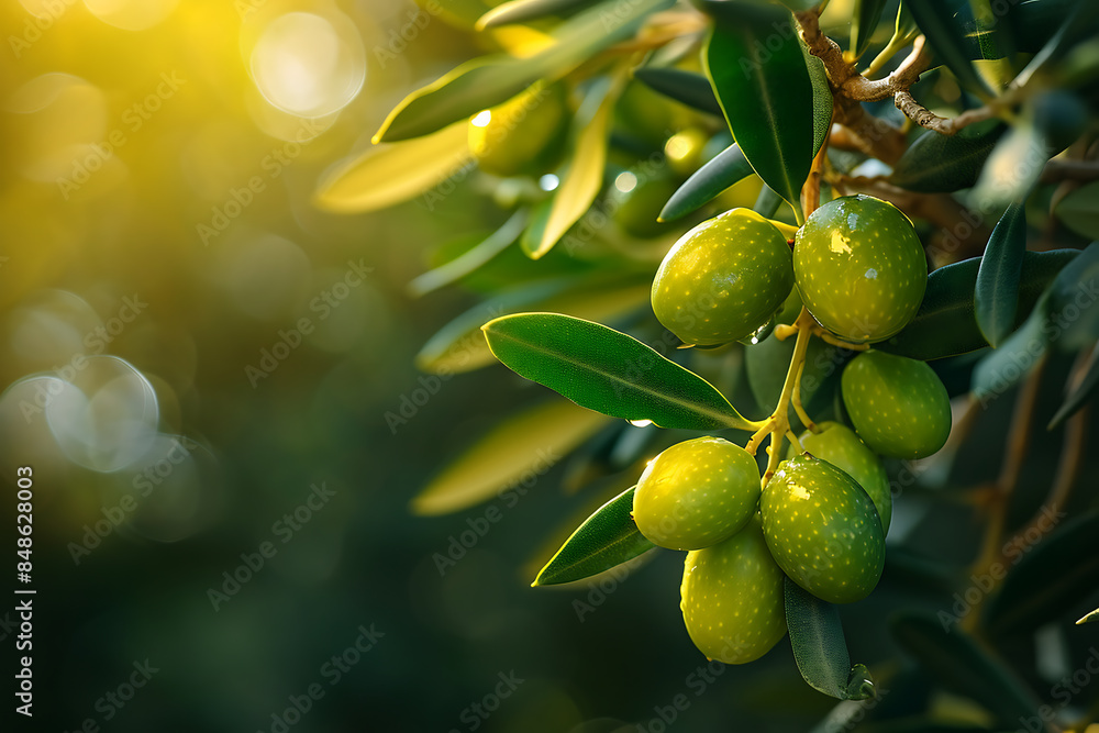 Green olives on olive tree branch in olive grove at sunset Green olives on olive tree branch in olive grove at sunset