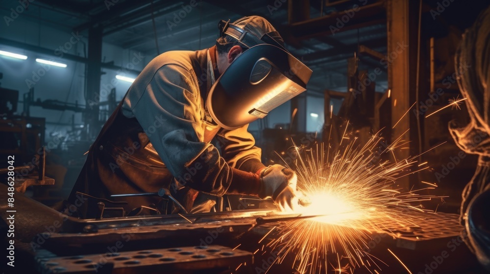A man in a protective suit is working with a piece of metal that is being cut A man in a protective suit is working with a piece of metal that is being cut