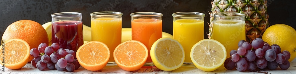 A glass of orange juice with a variety of fruit surrounding it. A glass of orange juice with a variety of fruit surrounding it.