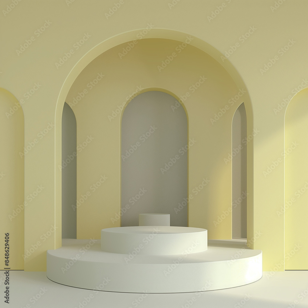 minimalist pastel yellow setup with muted gray archways, framing a white circular podium minimalist pastel yellow setup with muted gray archways, framing a white circular podium