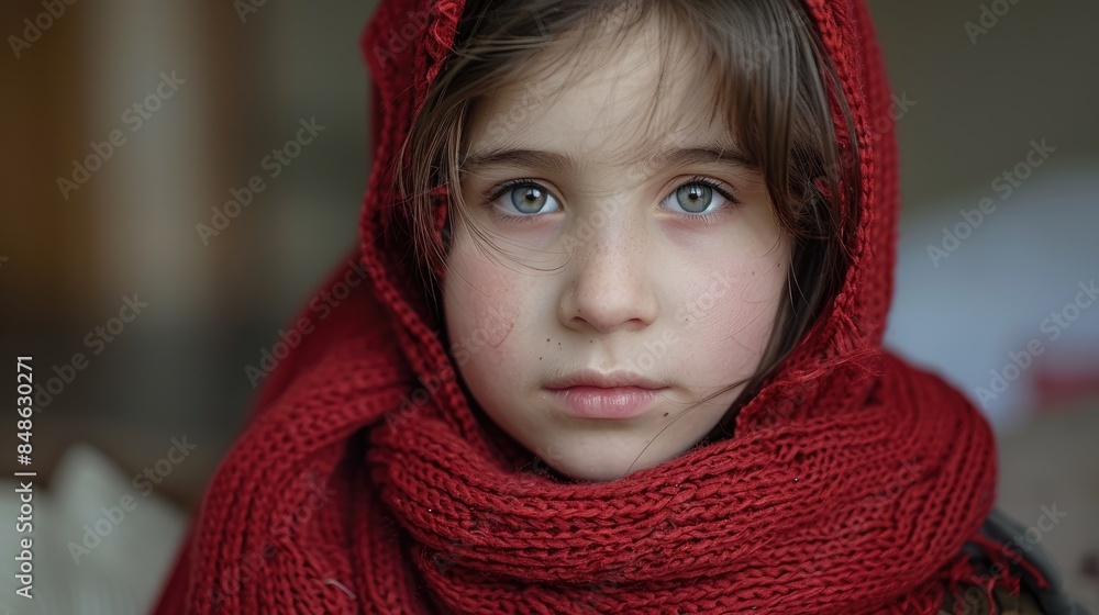 Theme of illness Child at home Young girl wearing a crimson scarf Theme of illness Child at home Young girl wearing a crimson scarf