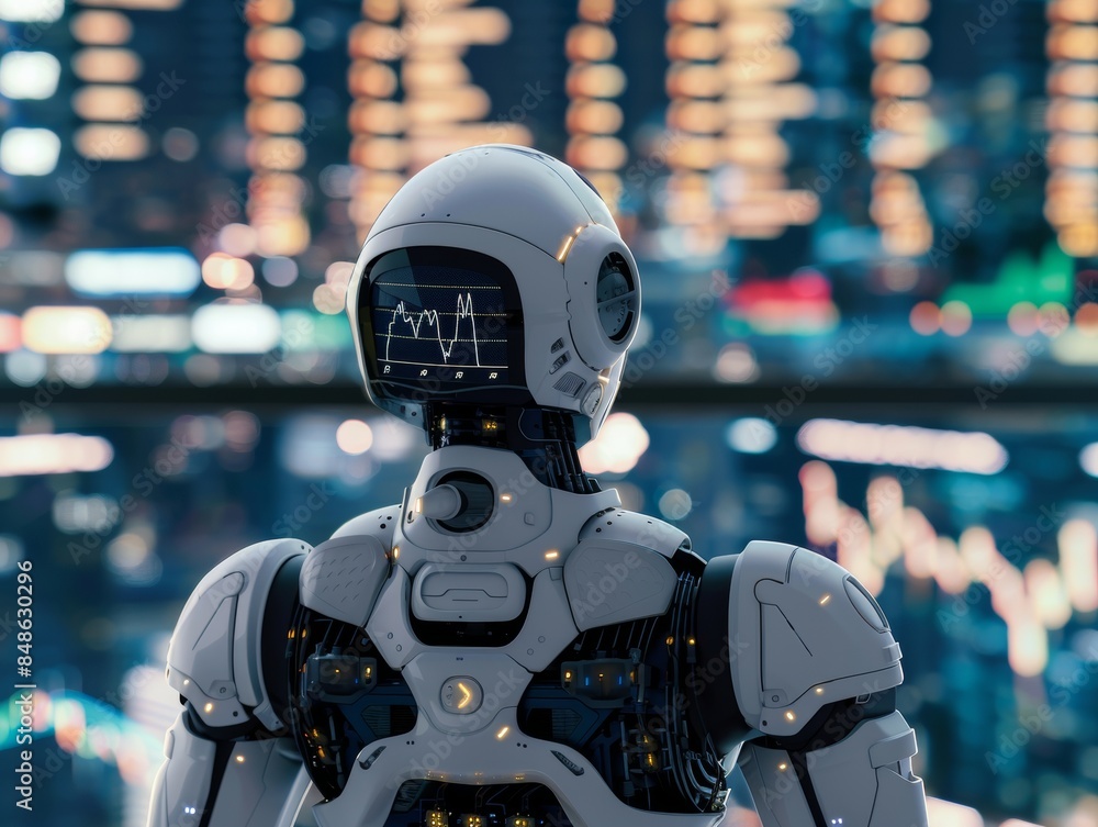 view from behind of a chatgpt robot looking at trading graph - ai view from behind of a chatgpt robot looking at trading graph - ai