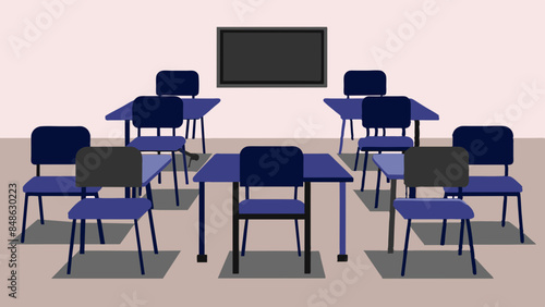 Image of a classroom setup with desks and chairs arranged neatly.  Illustration showing a typical classroom layout with desks and chairs. 