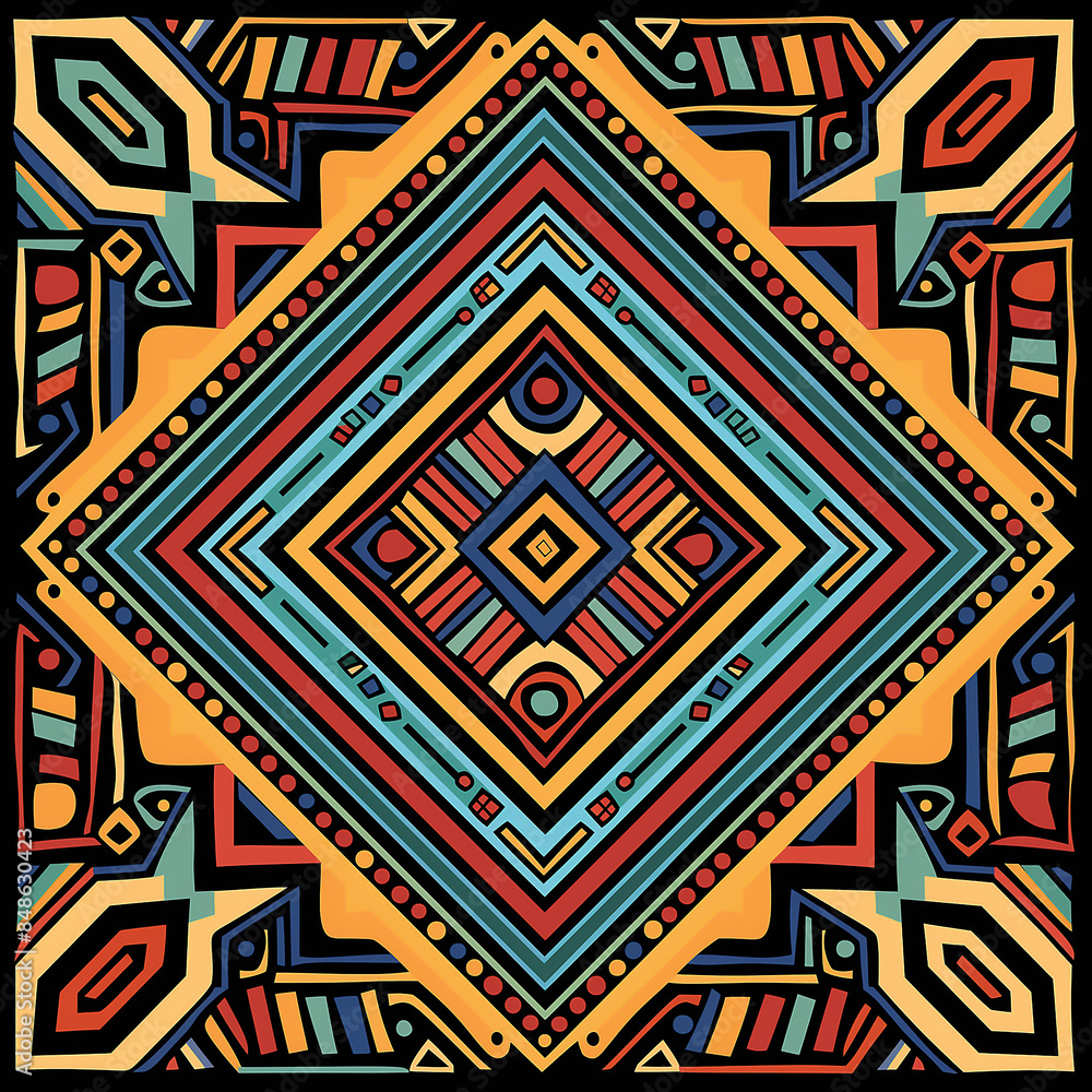 A vibrant, colorful tribal pattern with geometric shapes and intricate patterns in the style of African art. The design includes bold colors like reds, blues, yellows and greens A vibrant, colorful tribal pattern with geometric shapes and intricate patterns in the style of African art. The design includes bold colors like reds, blues, yellows and greens