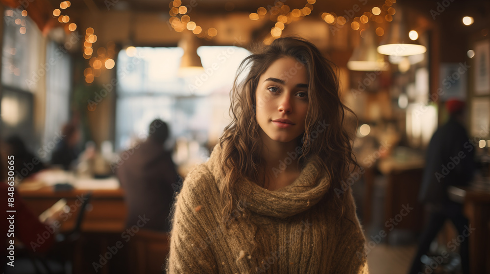 Woman in Cozy Knitted Sweater in Quaint Café Woman in Cozy Knitted Sweater in Quaint Café