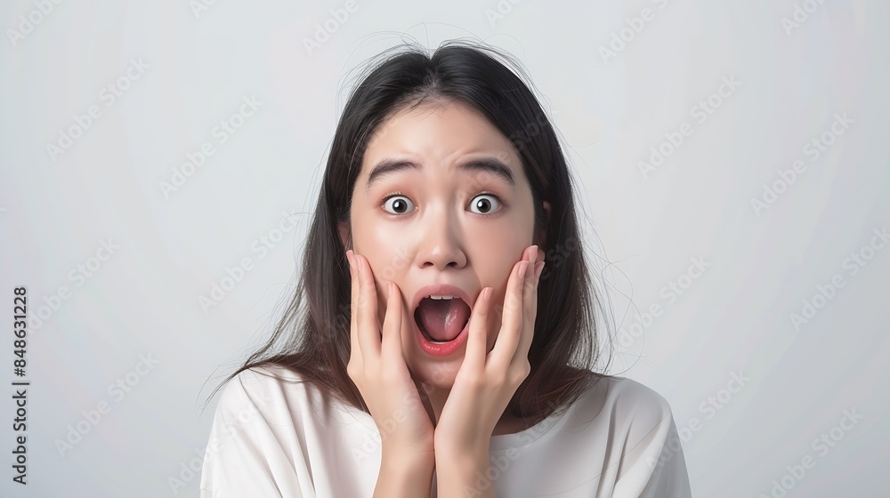 Wow Happy beautiful young asian woman excited pretty girl shout out loud wow with hands on mouth announcement standing pose looking camera on isolated white background : Generative AI Wow Happy beautiful young asian woman excited pretty girl shout out loud wow with hands on mouth announcement standing pose looking camera on isolated white background : Generative AI