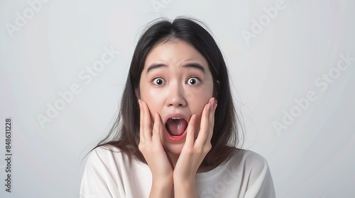 Wow Happy beautiful young asian woman excited pretty girl shout out loud wow with hands on mouth announcement standing pose looking camera on isolated white background : Generative AI