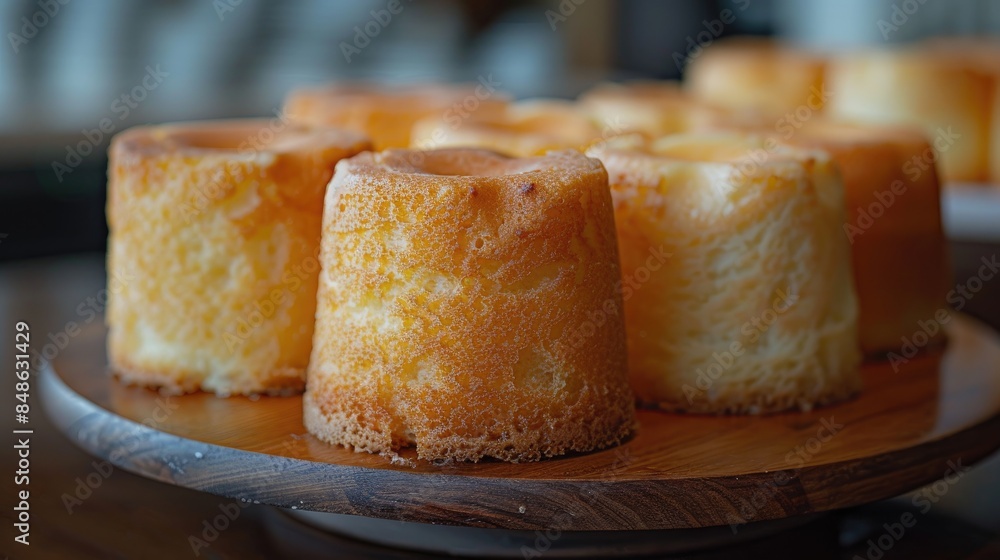 Close up chiffon cakes displayed on a wooden plate Close up chiffon cakes displayed on a wooden plate