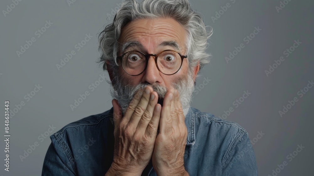 Shocked Middle-Aged Hoary Senior Man Covering Mouth with Hands for Mistake: Secret Concept in Realistic, Clean, and Minimal Style Shocked Middle-Aged Hoary Senior Man Covering Mouth with Hands for Mistake: Secret Concept in Realistic, Clean, and Minimal Style