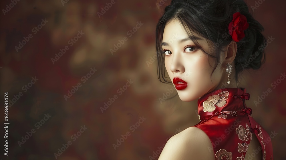 Fototapeta premium Beautiful young Chinese woman in evening gown : Generative AI