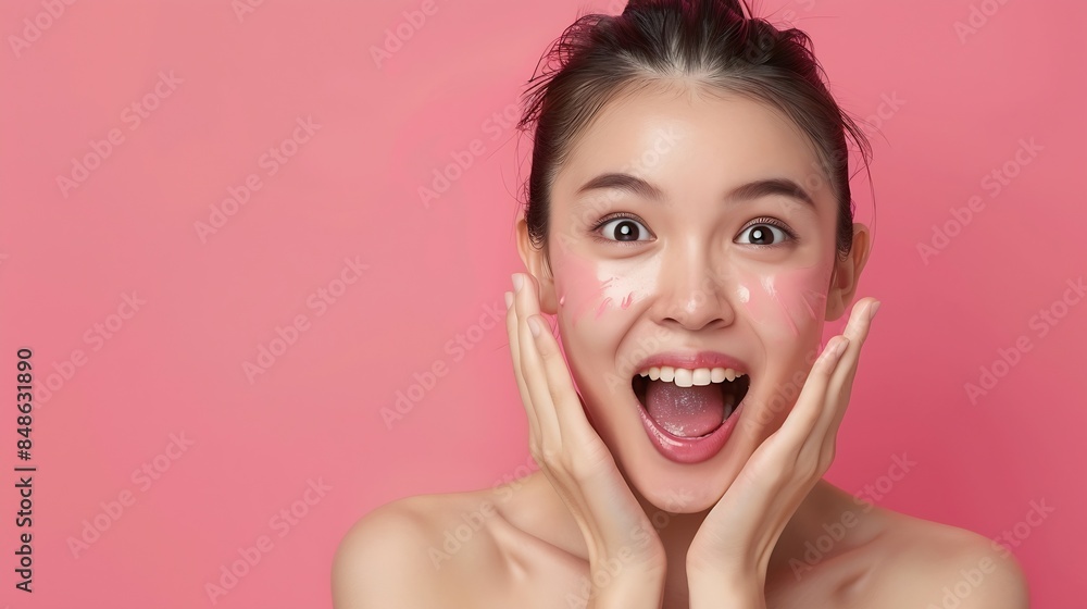 Beautiful young Asian woman with open mouths raising hands screaming announcement on isolated pink background Facial and skin care concept for commercial advertising : Generative AI Beautiful young Asian woman with open mouths raising hands screaming announcement on isolated pink background Facial and skin care concept for commercial advertising : Generative AI