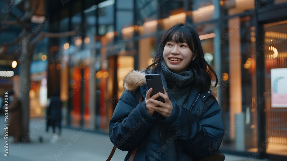 Fototapeta premium A young Asian woman holding a smartphone and smiling : Generative AI