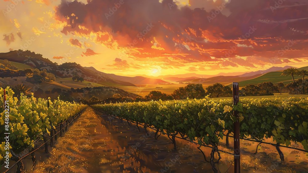 Naklejka premium Beautiful vineyard landscape at sunset with vibrant sky, rolling hills, and rows of grapevines, capturing the essence of nature's bounty.