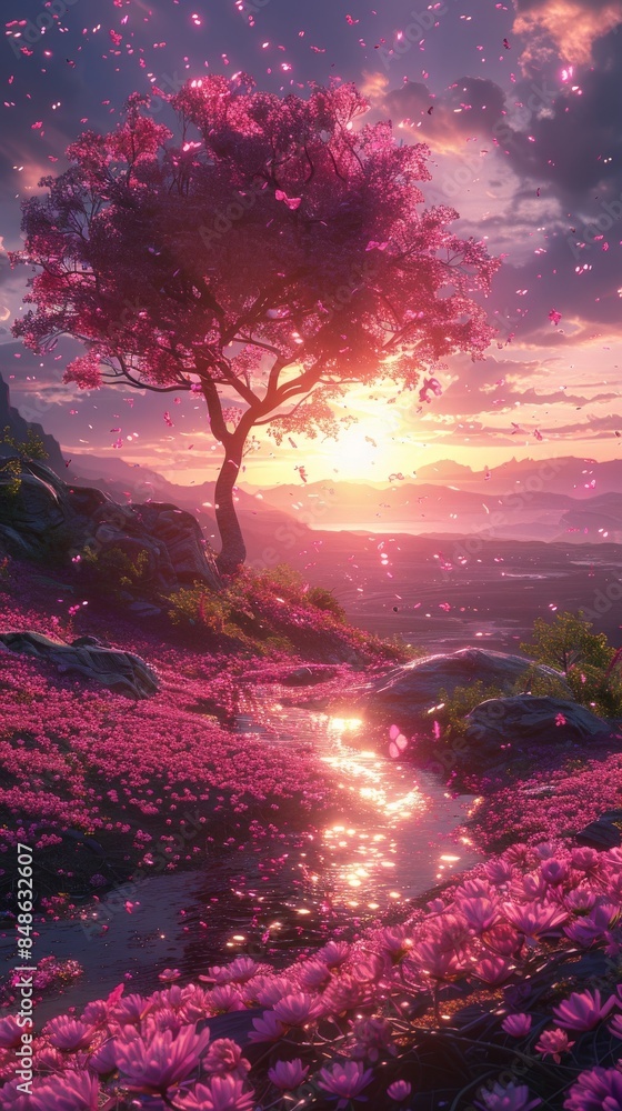 Obraz premium A fantastical landscape with a tree covered in purple flowers and the petals are blowing in the wind. 