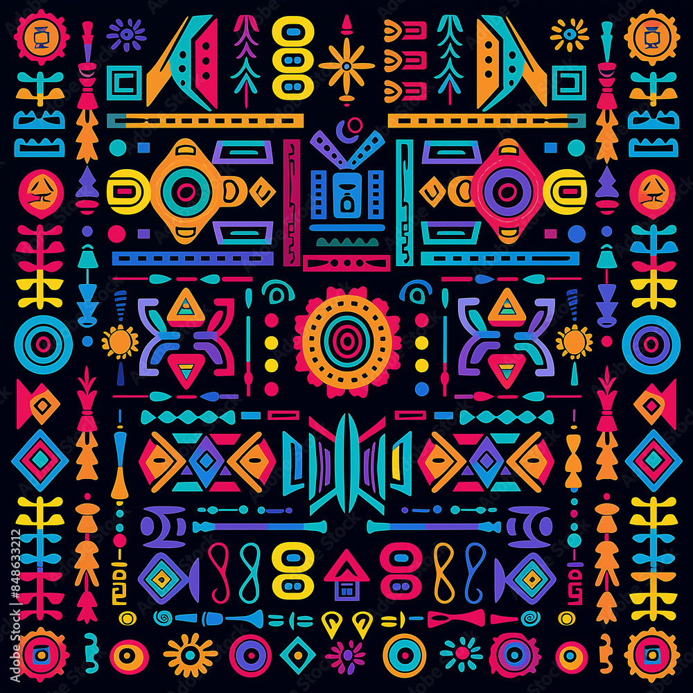 Doodle geometric shapes with bold lines and colors for cultural background decoration. Vibrant ethnic motifs in square frame on white backdrop Doodle geometric shapes with bold lines and colors for cultural background decoration. Vibrant ethnic motifs in square frame on white backdrop