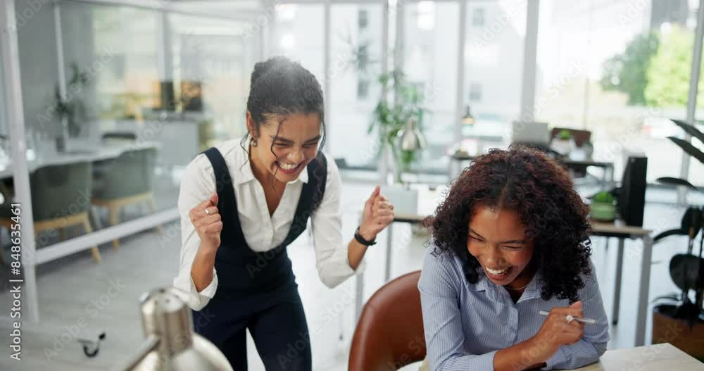 Woman, hand and high five for teamwork in workplace, employee and celebration or goal for company target or laptop. Office, online review and collaboration support, achievement and happy people Woman, hand and high five for teamwork in workplace, employee and celebration or goal for company target or laptop. Office, online review and collaboration support, achievement and happy people
