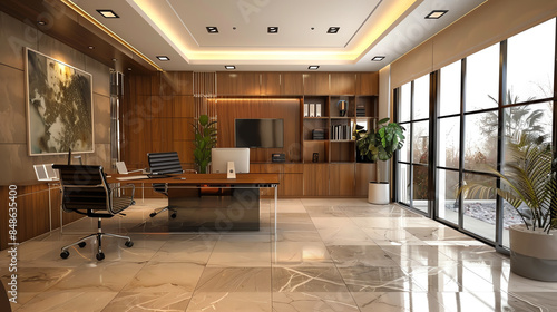 Modern executive office with large windows, wooden walls, and marble flooring. Furnished with desk, office chair, and indoor plants.