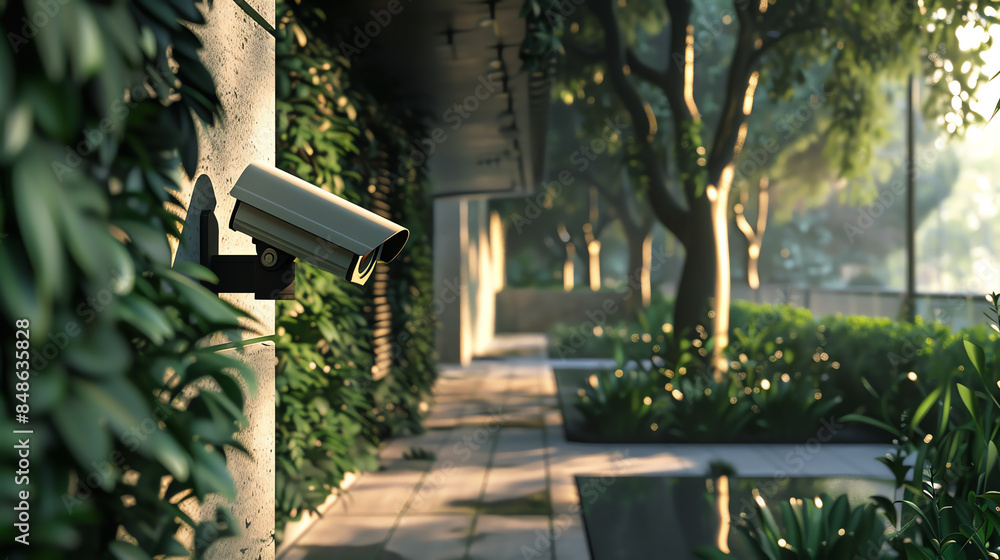 Outdoor security camera on a modern building wall in a lush and green urban garden, capturing a serene and peaceful sunny day. Outdoor security camera on a modern building wall in a lush and green urban garden, capturing a serene and peaceful sunny day.
