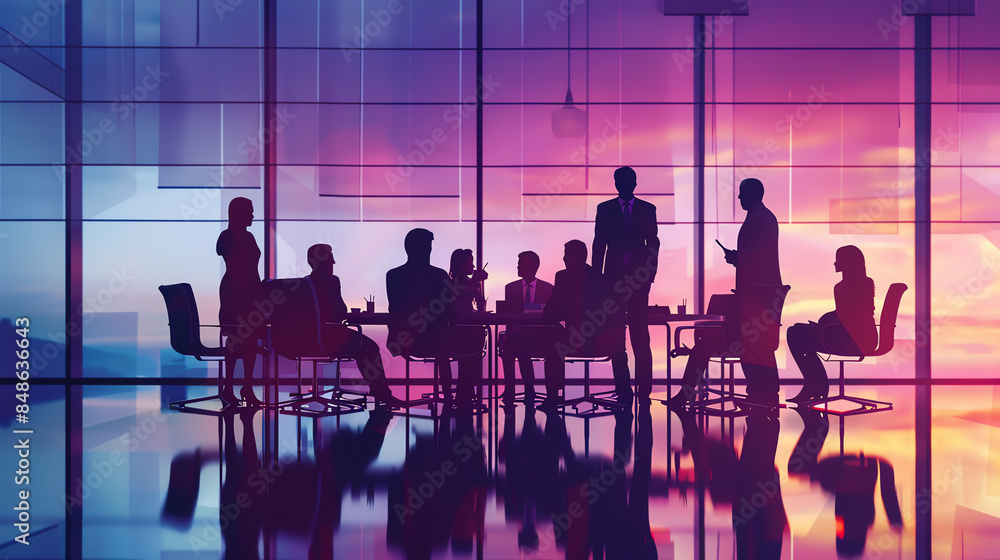 Silhouetted business meeting in modern office with sunset background, emphasizing teamwork and corporate collaboration. Silhouetted business meeting in modern office with sunset background, emphasizing teamwork and corporate collaboration.