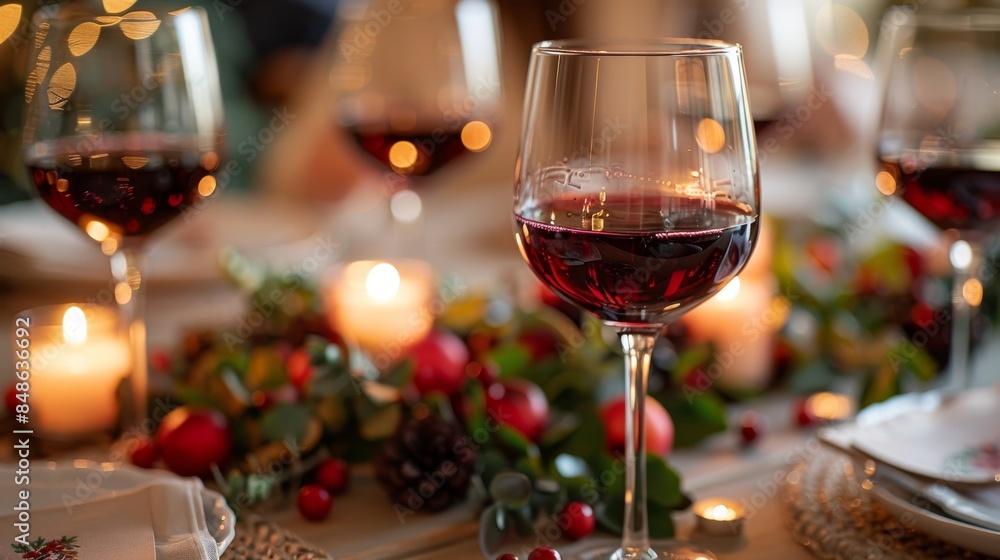 A table ready for a party with glasses of dark red Pinot Noir wine and candles. A table ready for a party with glasses of dark red Pinot Noir wine and candles.