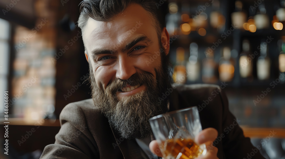 Smiling man with a beard enjoying a glass of whiskey in a cozy bar setting with shelves of bottles in the background. Smiling man with a beard enjoying a glass of whiskey in a cozy bar setting with shelves of bottles in the background.