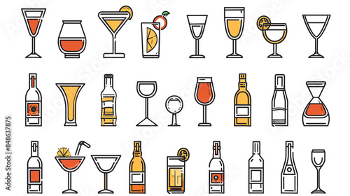 Vector illustration of various alcoholic drinks, including cocktails and bottle icons, perfect for menus, bars, and restaurant designs. photo